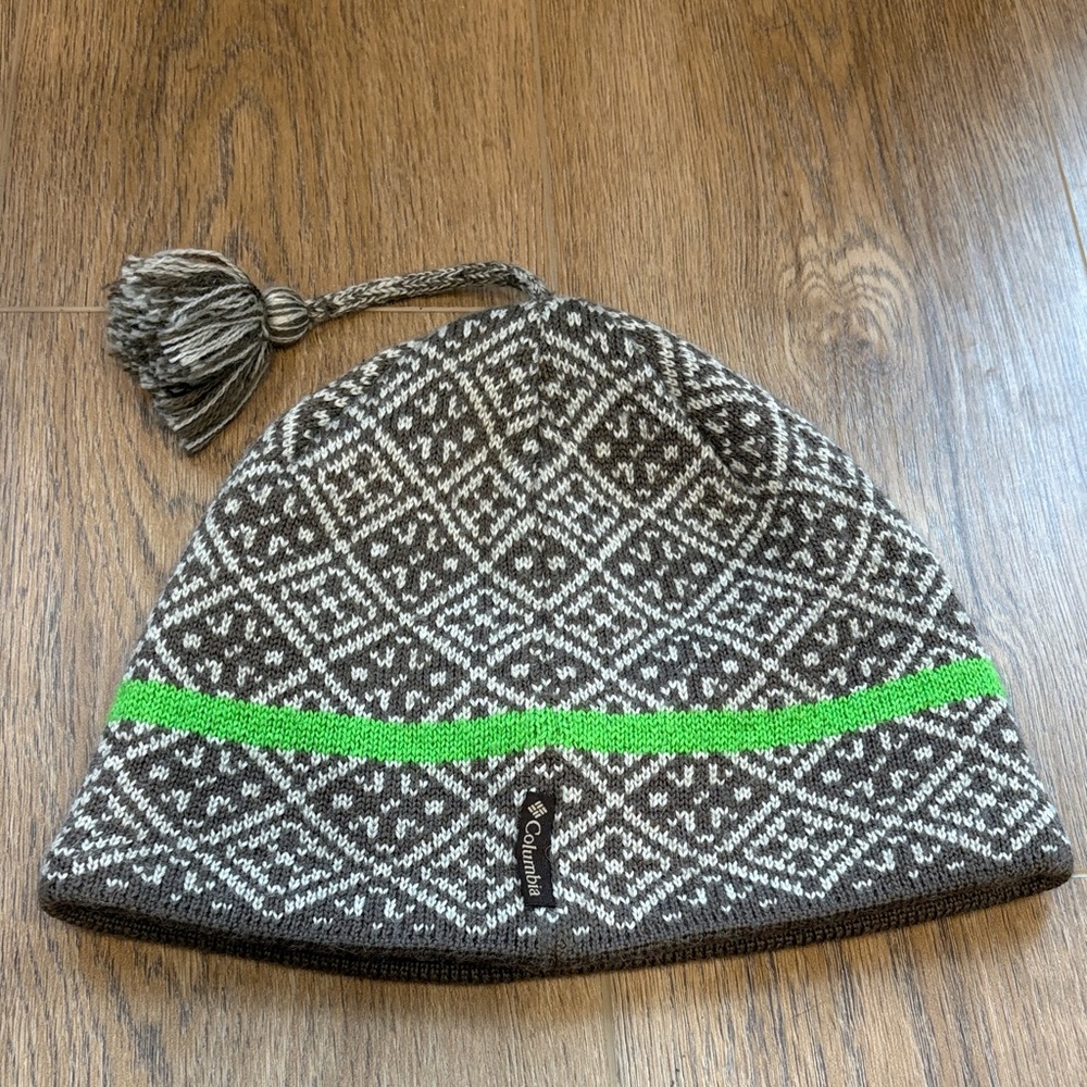 Columbia Titanium Unisex Brown Cream Geometric Diamond Green Stripe Beanie Hat
